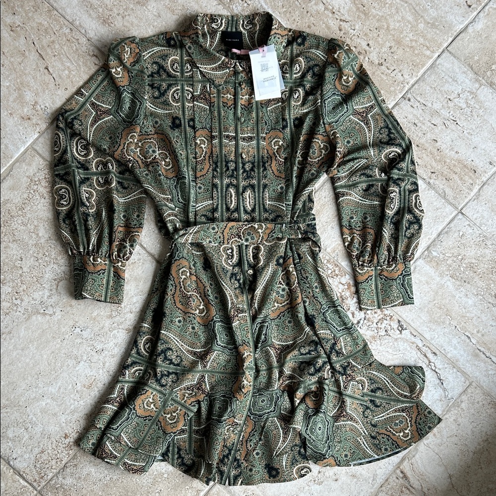 Alex Marie Green and Brown Paisley Long Sleeve Dress
